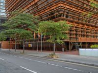 a building that is on the sidewalk near the street sign and trees outside it is large in size