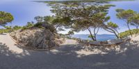 the view of a sandy beach looking at the water and trees on the shore is fisheyeed