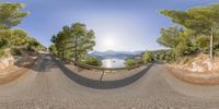 there is a fisheye view of a curved road at the shore and water from the trees