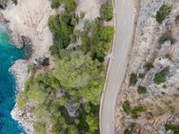 a winding road on the side of a rocky cliff by a body of water with pine forest around