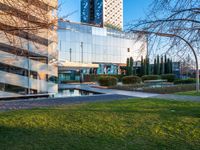 a building with large glass windows sits on a park in the background of a grassy area