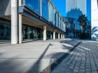 a walkway near some tall buildings in front of a blue sky and palm trees on a bright sunny day