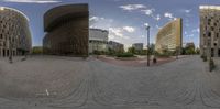 three pictures, one is 360 - panoramic and the other shows a lot of buildings