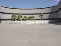 an empty courtyard with cement walls and palm trees in the foregrounds and blue sky