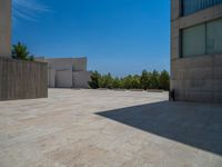 the gray concrete walls of a building have a line of steps on the left side