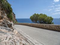 the asphalt road is made with stone in front of the sea view and trees near by