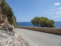 the asphalt road is made with stone in front of the sea view and trees near by