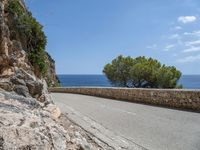 the asphalt road is made with stone in front of the sea view and trees near by