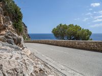 the asphalt road is made with stone in front of the sea view and trees near by