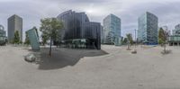 three dimensional panoramas of modern skyscrapers in the city, and one that's part of a sphere