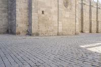 the old brick road between the large buildings is cobbled into stone blocks with an arch at the end