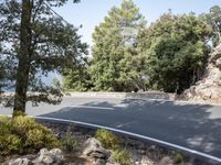 a side view of a long straight road, leading away from a bush next to a mountain