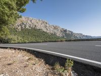 a bike is leaning against the road in a mountainous area and there are trees on either side of the road