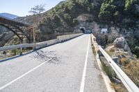 an empty roadway near the road leading to a cave on the mountain side with a tunnel and bridge