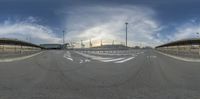 a fisheye shot of some very long road and buildings as viewed through the fisheye lens