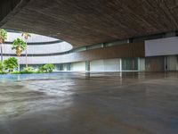 a concrete walkway in an empty building with plants growing from the walls and a long circular window that is opened out