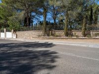 a paved street and stone retaining wall near some trees and bushes on a sunny day