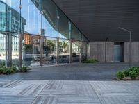 the glass walkway outside of a building with several small plants and trees on each side