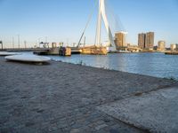 there is a stone bench that has been placed by the water in front of it