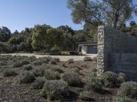 this is a stone building with an exterior and vegetation around it as well as the door