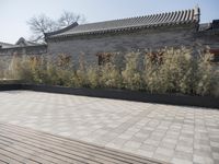 stone and stone patio area with plants growing outside and large grey planter boxes on top
