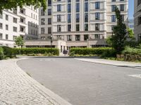 there is a stone walkway that is lined up with green plants and bushes, and a modern white building in the background