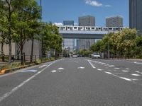 empty road with white lines on the streets of city area against cloudy blue sky on a sunny day