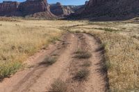 an open dirt road through a dry grass field under a mountain view with sun shining off the side