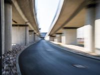 a blurry photo of two highway tracks and the center of a street with cars and traffic