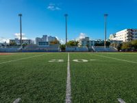 the soccer field that looks like a stadium with buildings in the background and the numbers 50