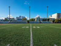 the soccer field that looks like a stadium with buildings in the background and the numbers 50