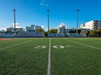 the soccer field that looks like a stadium with buildings in the background and the numbers 50