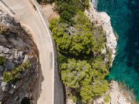 a car driving on the side of a mountain road next to trees and ocean water