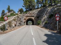 a tunnel leading into the mountains near some trees and road signs showing no left turn