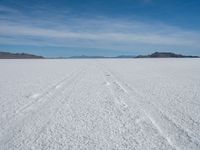 two tracks on the snow on a large plain with mountains and ocean in the background