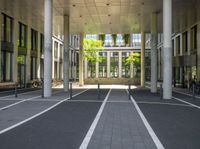 a paved walkway with cars parked on it outside a building, trees and windows in the background