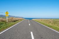 a road leading to the ocean with a stop sign at either end of it and grass growing on the sides