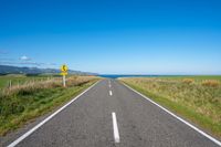 a road leading to the ocean with a stop sign at either end of it and grass growing on the sides