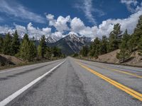 road in the mountains with pine trees and mountains in the background with blue sky with fluffy clouds