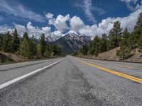 road in the mountains with pine trees and mountains in the background with blue sky with fluffy clouds