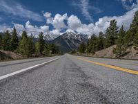 road in the mountains with pine trees and mountains in the background with blue sky with fluffy clouds