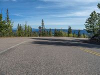 the mountains are visible in the distance from this wide, empty road, overlooking a wide landscape and forest