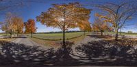 a fish eye photo of a road with lots of fall foliage on the trees, and a fence on one side with a field behind them