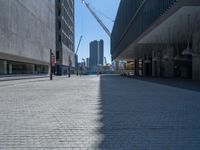 view of the empty brick city streets with buildings in the background and a street light near the sidewalk