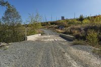 the small wooden bridge crosses a dry creek bed through a rural area in canada that has been turned into a nature preserve