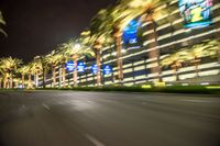 motion blurry photograph of night city street scene with palm trees in foreground and buildings