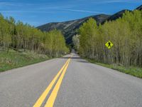 a yellow and black sign is on the street near some mountains and trees in the distance