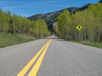 a yellow and black sign is on the street near some mountains and trees in the distance