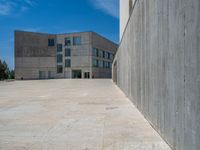 the gray concrete walls of a building have a line of steps on the left side