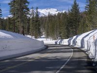 a long straight road in the woods next to a snowy hill, in front of trees, with a snowbank